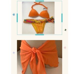 Recco Size M Brazilian Stripes & Flowers & Zuliana Orange Sarong New With Tags